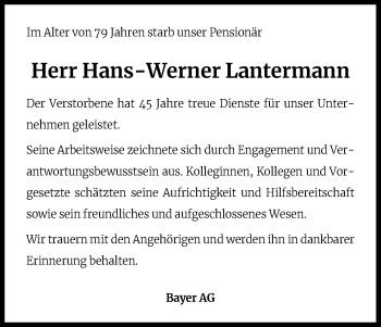 Traueranzeigen von HansWerner Lantermann WirTrauern