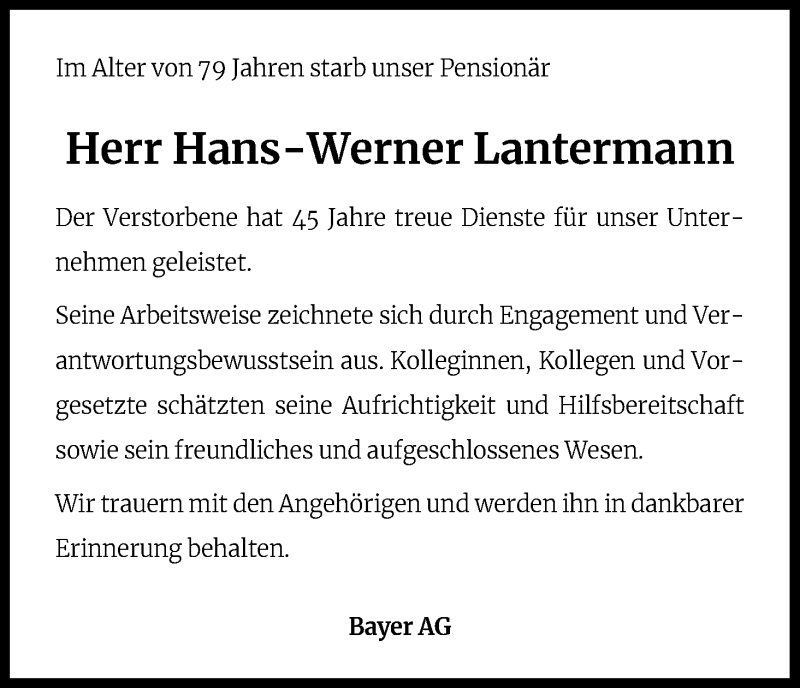  Traueranzeige für Hans-Werner Lantermann vom 25.03.2022 aus Kölner Stadt-Anzeiger / Kölnische Rundschau / Express