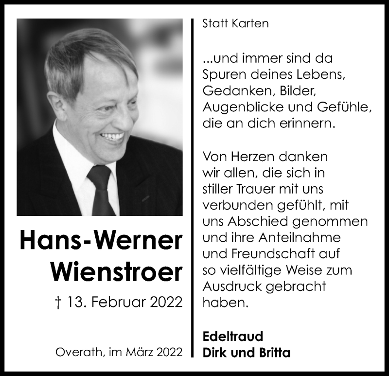  Traueranzeige für Hans-Werner Wienstroer vom 26.03.2022 aus Kölner Stadt-Anzeiger / Kölnische Rundschau / Express