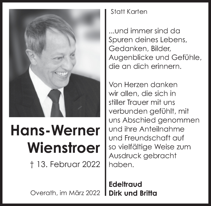  Traueranzeige für Hans-Werner Wienstroer vom 25.03.2022 aus  Bergisches Handelsblatt 