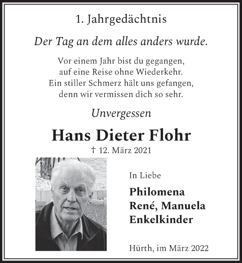  Traueranzeige für Hans Dieter Flohr vom 11.03.2022 aus  Wochenende 