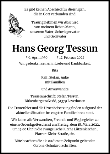 Anzeige von Hans Georg Tessun von Kölner Stadt-Anzeiger / Kölnische Rundschau / Express