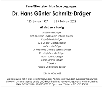 Anzeige von Hans Günter Schmitz-Dräger von Kölner Stadt-Anzeiger / Kölnische Rundschau / Express
