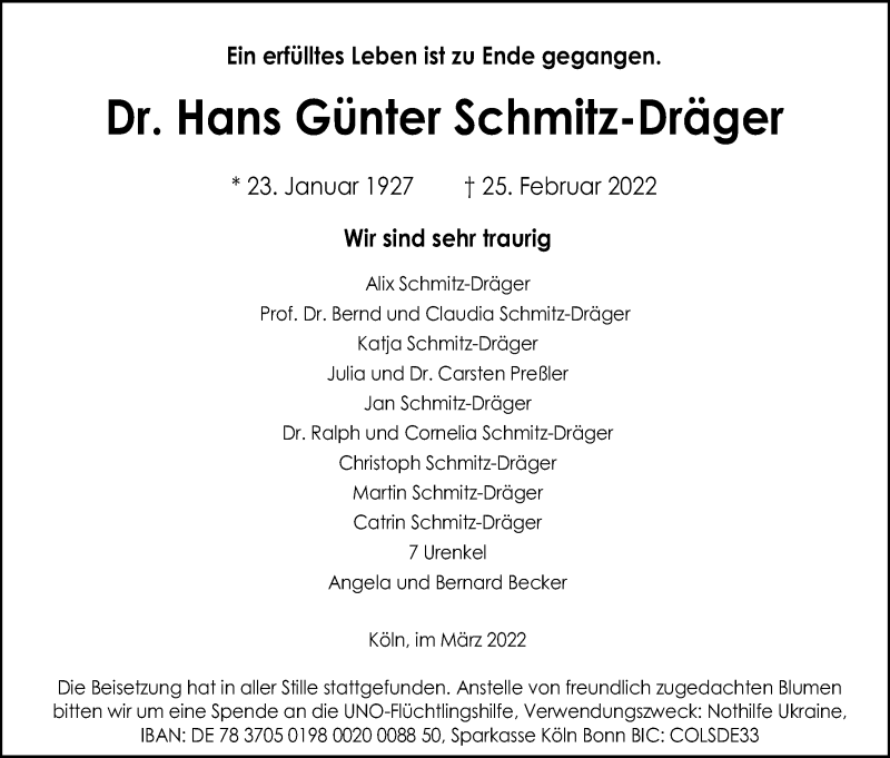 Traueranzeige für Hans Günter Schmitz-Dräger vom 12.03.2022 aus Kölner Stadt-Anzeiger / Kölnische Rundschau / Express