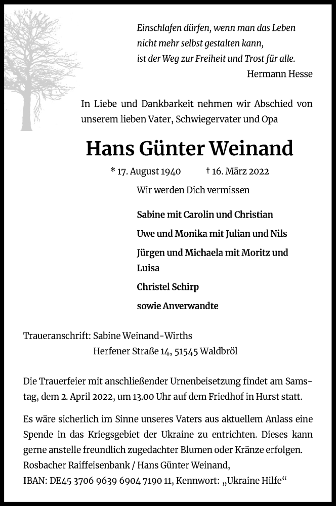  Traueranzeige für Hans Günter Weinand vom 26.03.2022 aus Kölner Stadt-Anzeiger / Kölnische Rundschau / Express