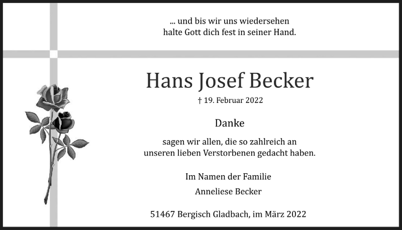  Traueranzeige für Hans Josef Becker vom 18.03.2022 aus  Bergisches Handelsblatt 