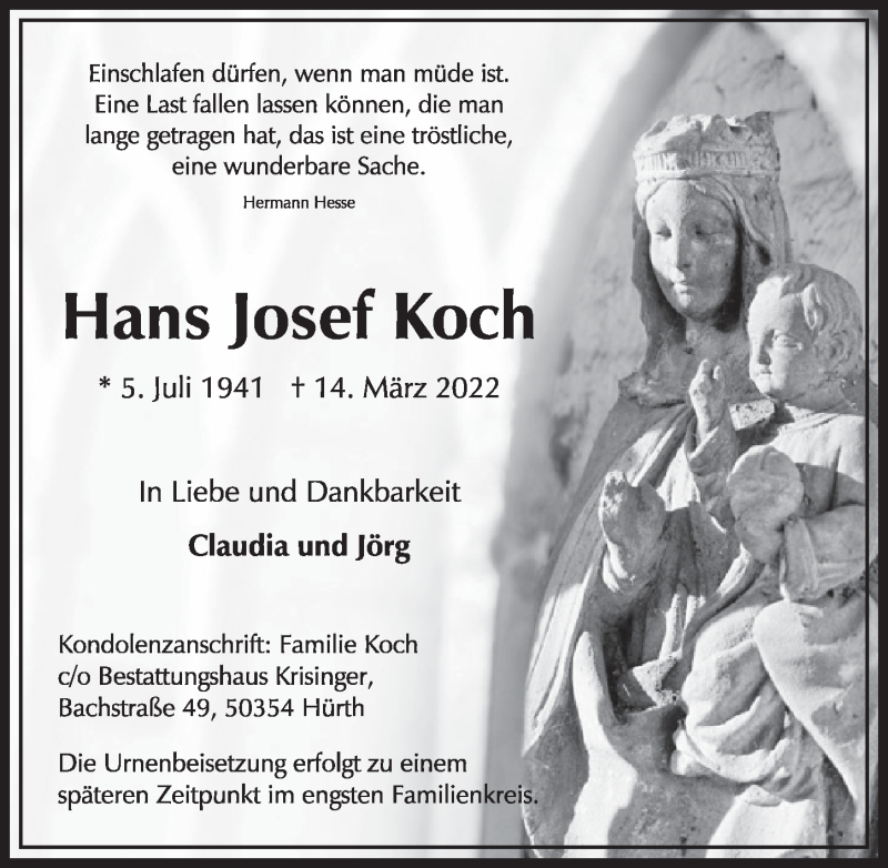  Traueranzeige für Hans Josef Koch vom 25.03.2022 aus  Wochenende 