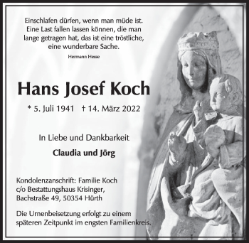 Anzeige von Hans Josef Koch von  Wochenende 