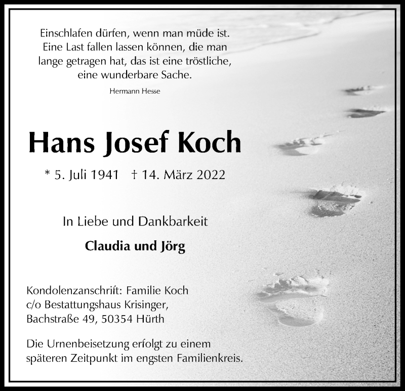  Traueranzeige für Hans Josef Koch vom 26.03.2022 aus Kölner Stadt-Anzeiger / Kölnische Rundschau / Express