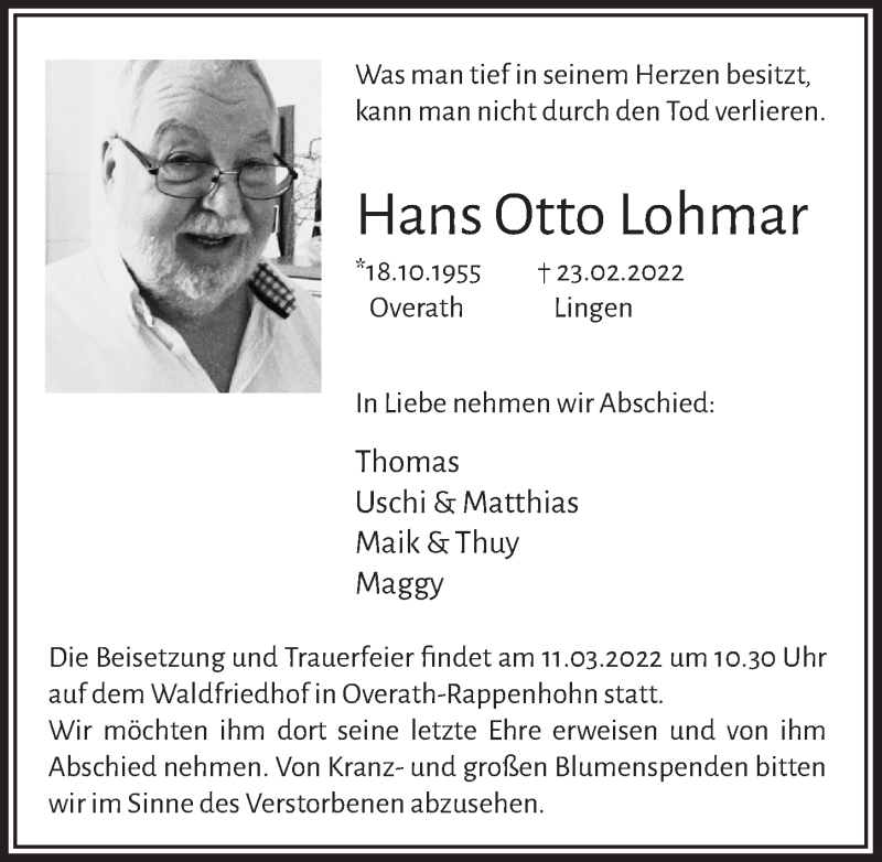  Traueranzeige für Hans Otto Lohmar vom 04.03.2022 aus  Bergisches Handelsblatt 