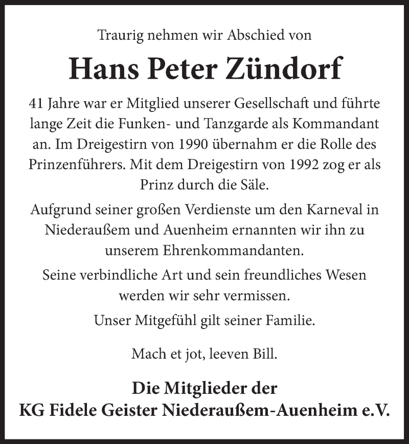  Traueranzeige für Hans Peter Zündorf vom 18.03.2022 aus  Werbepost 