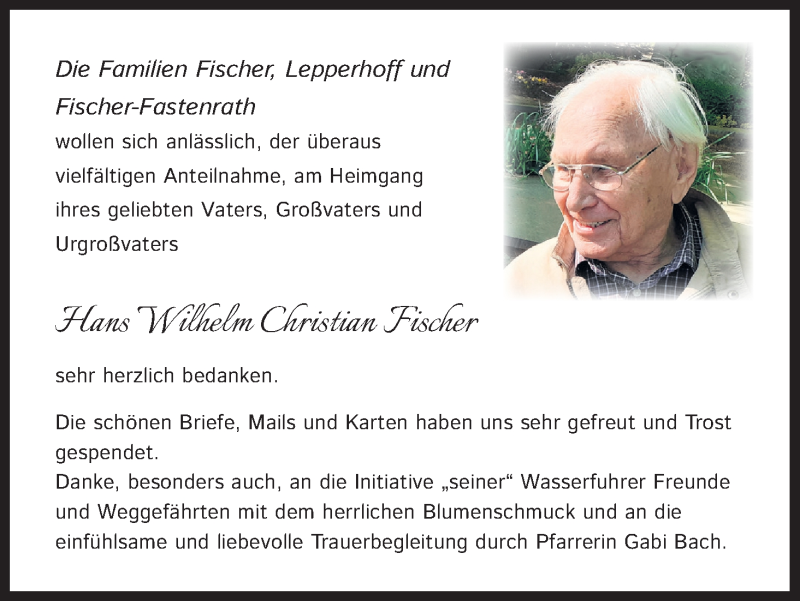  Traueranzeige für Hans Wilhelm Christian Fischer vom 17.03.2022 aus Kölner Stadt-Anzeiger / Kölnische Rundschau / Express