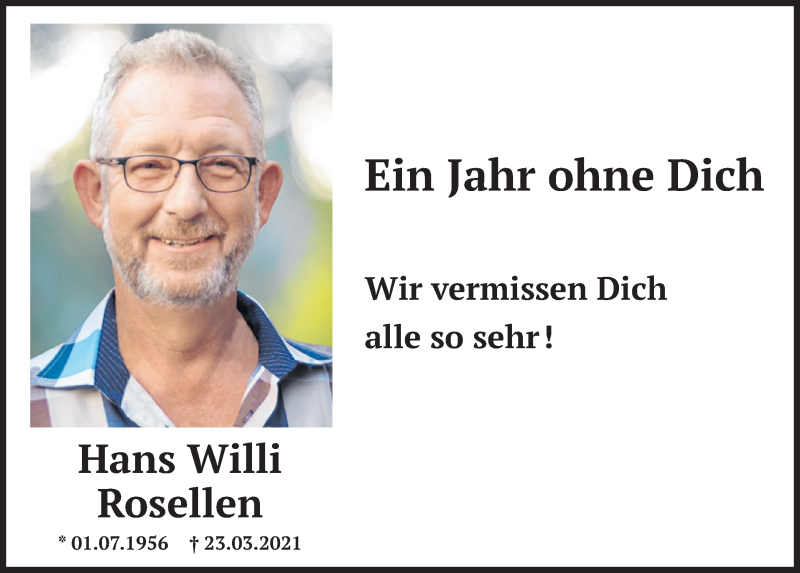  Traueranzeige für Hans Willi Rosellen vom 25.03.2022 aus  Werbepost 