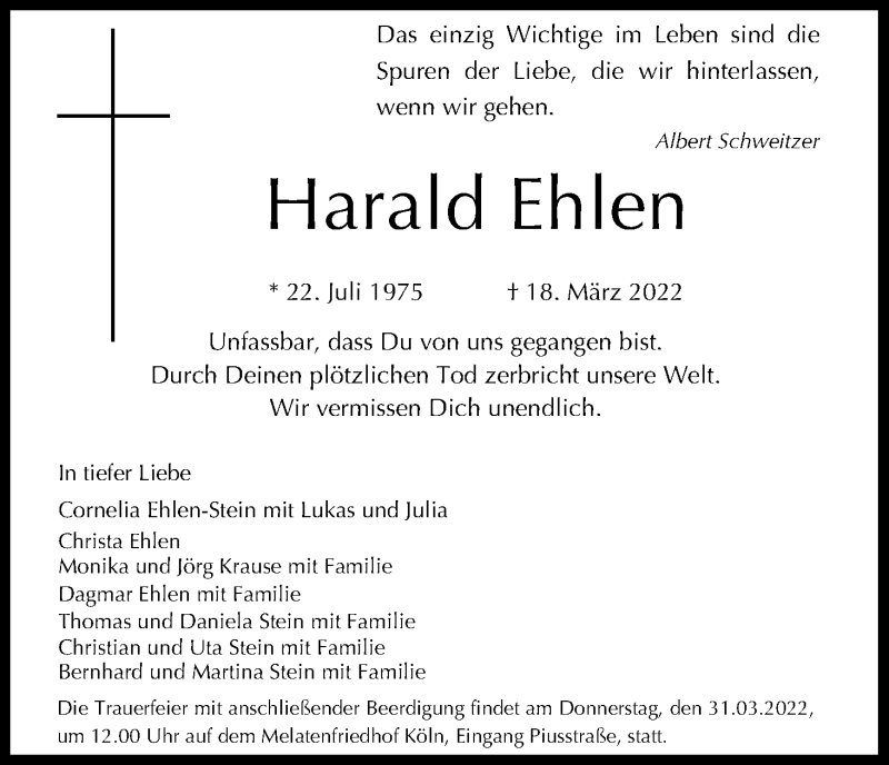 Traueranzeige für Harald Ehlen vom 28.03.2022 aus Kölner Stadt-Anzeiger / Kölnische Rundschau / Express