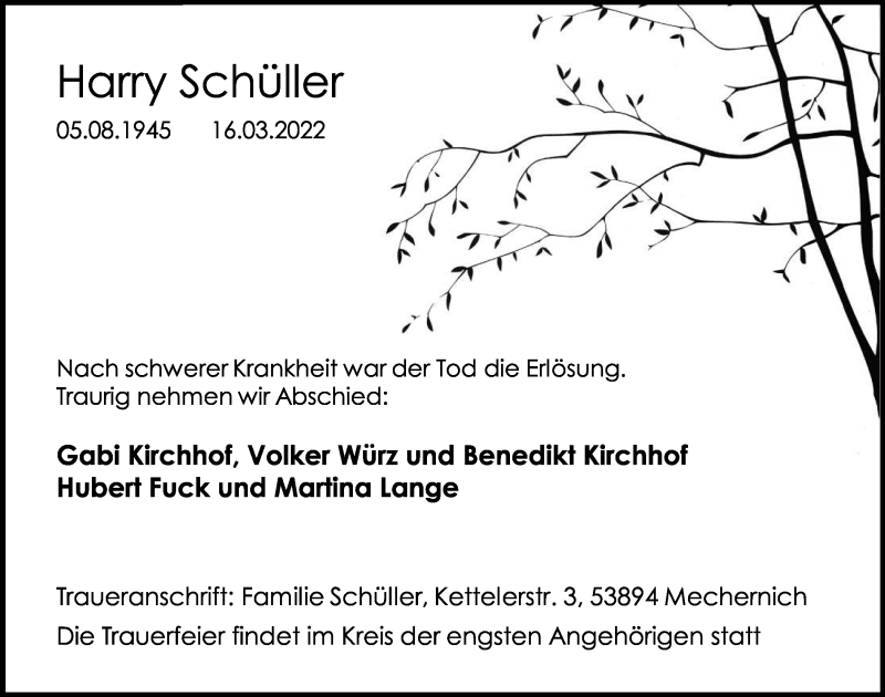  Traueranzeige für Harry Schüller vom 19.03.2022 aus  Blickpunkt Euskirchen 