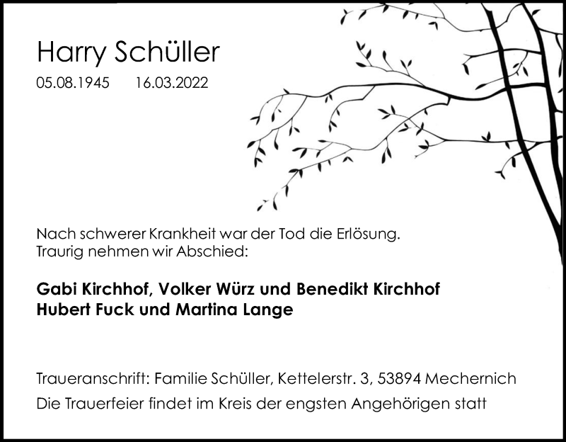  Traueranzeige für Harry Schüller vom 19.03.2022 aus Kölner Stadt-Anzeiger / Kölnische Rundschau / Express