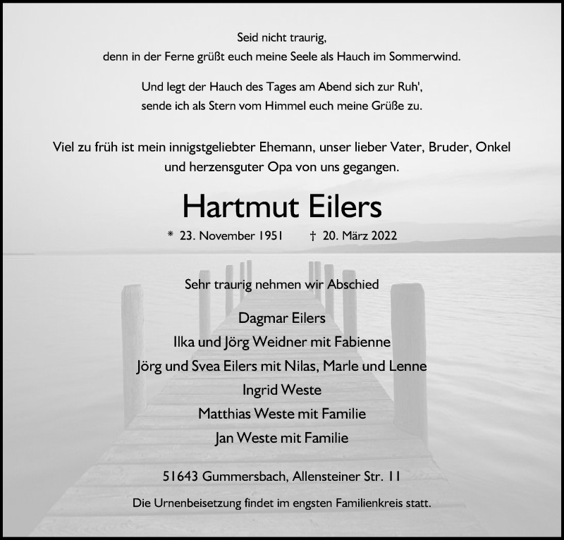  Traueranzeige für Hartmut Eilers vom 25.03.2022 aus Kölner Stadt-Anzeiger / Kölnische Rundschau / Express