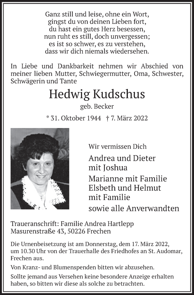  Traueranzeige für Hedwig Kudschus vom 11.03.2022 aus  Wochenende 