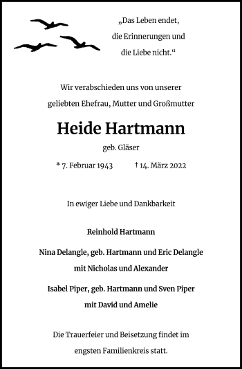 Anzeige von Heide Hartmann von Kölner Stadt-Anzeiger / Kölnische Rundschau / Express