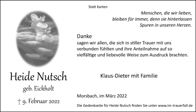  Traueranzeige für Heide Nutsch vom 11.03.2022 aus  Lokalanzeiger 