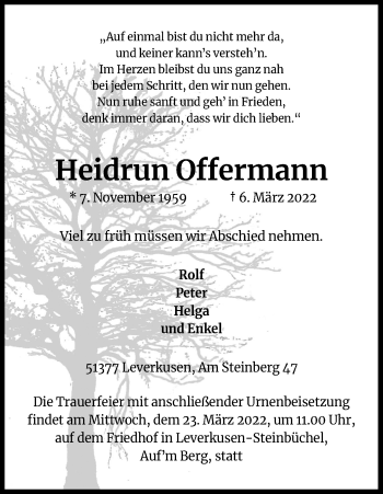 Anzeige von Heidrun Offermann von Kölner Stadt-Anzeiger / Kölnische Rundschau / Express
