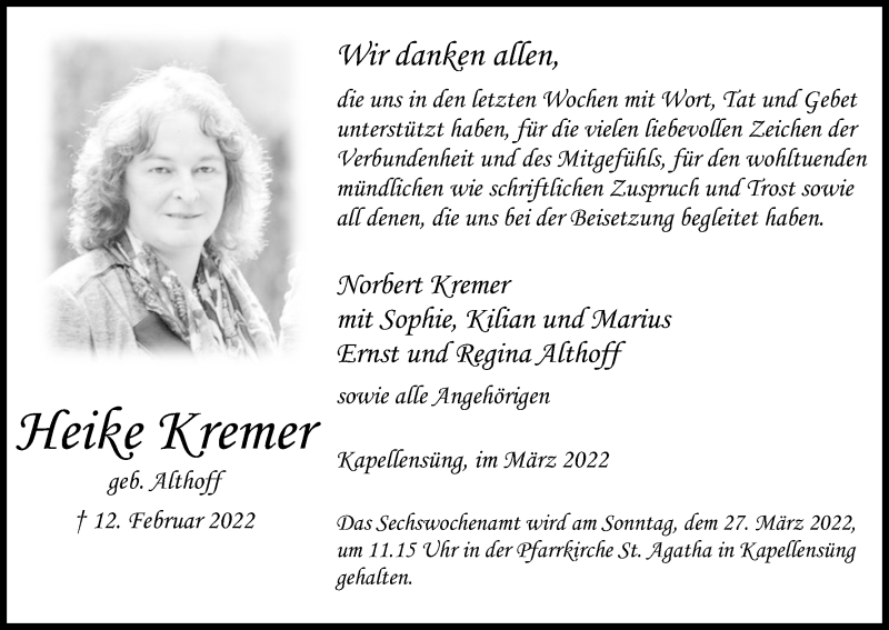  Traueranzeige für Heike Kremer vom 19.03.2022 aus Kölner Stadt-Anzeiger / Kölnische Rundschau / Express
