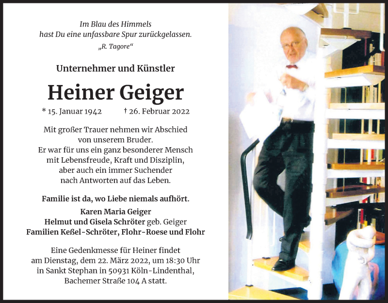  Traueranzeige für Heiner Geiger vom 19.03.2022 aus Kölner Stadt-Anzeiger / Kölnische Rundschau / Express