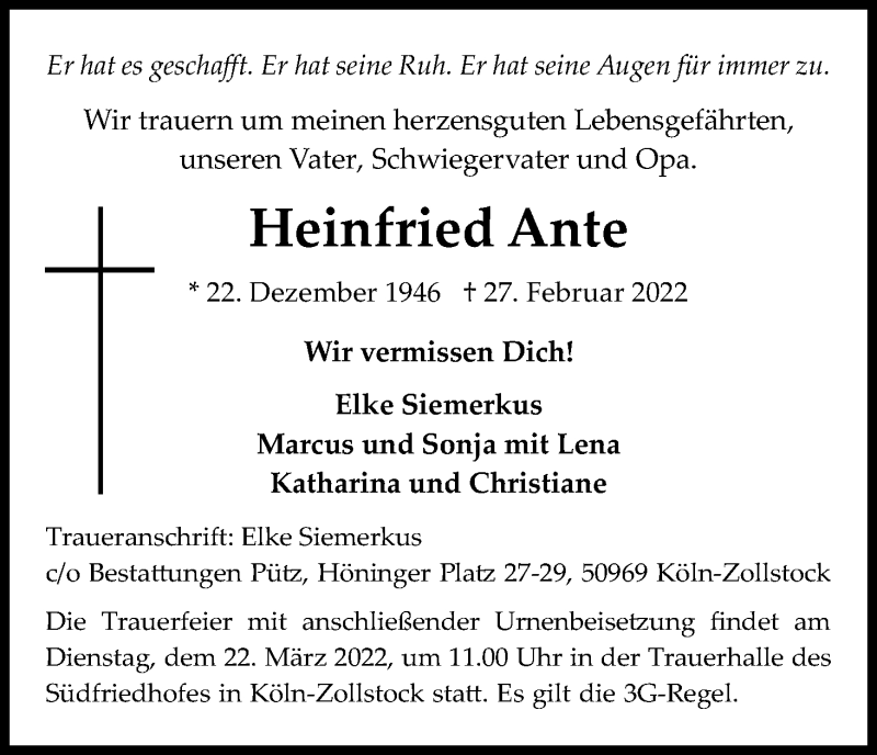 Traueranzeige für Heinfried Ante vom 12.03.2022 aus Kölner Stadt-Anzeiger / Kölnische Rundschau / Express