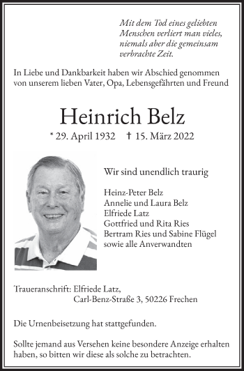Anzeige von Heinrich Belz von  Wochenende 
