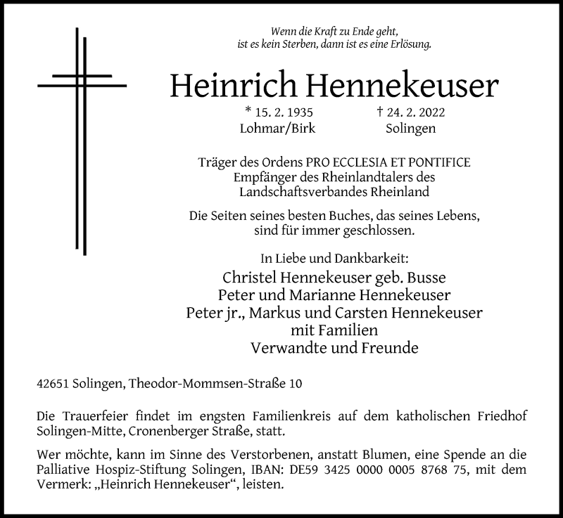  Traueranzeige für Heinrich Hennekeuser vom 12.03.2022 aus Kölner Stadt-Anzeiger / Kölnische Rundschau / Express