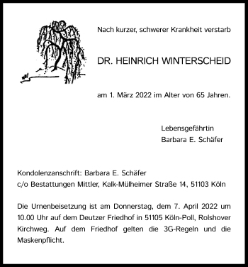 Anzeige von Heinrich Winterscheid von Kölner Stadt-Anzeiger / Kölnische Rundschau / Express