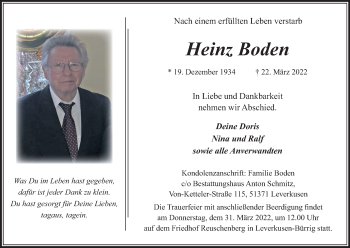 Anzeige von Heinz Boden von Kölner Stadt-Anzeiger / Kölnische Rundschau / Express