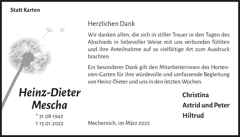  Traueranzeige für Heinz-Dieter Mescha vom 12.03.2022 aus  Blickpunkt Euskirchen 