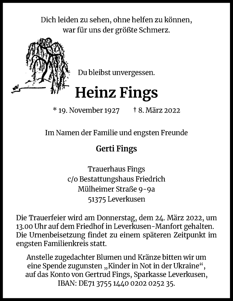  Traueranzeige für Heinz Fings vom 19.03.2022 aus Kölner Stadt-Anzeiger / Kölnische Rundschau / Express