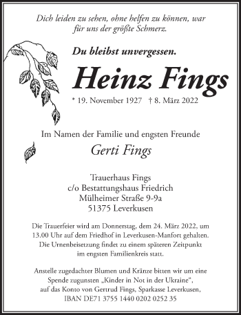 Anzeige von Heinz Fings von  Lokale Informationen 
