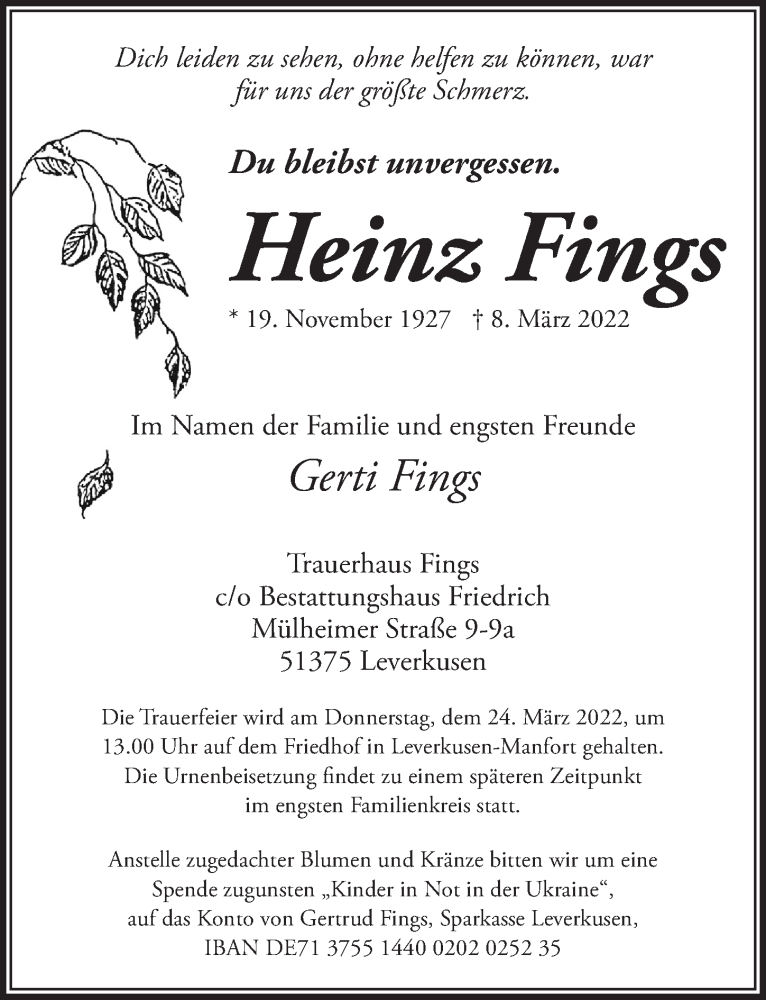 Traueranzeige für Heinz Fings vom 18.03.2022 aus  Lokale Informationen 