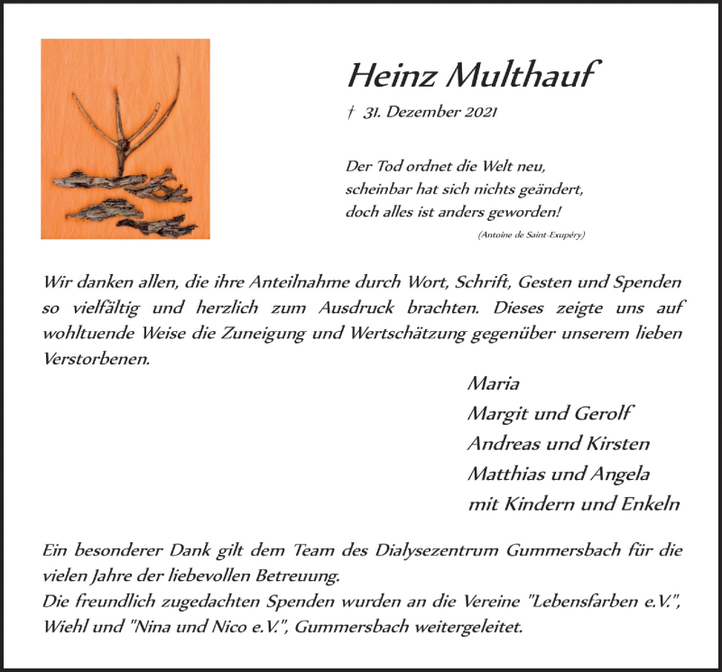  Traueranzeige für Heinz Multhauf vom 04.03.2022 aus  Anzeigen Echo 