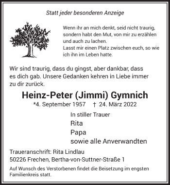 Anzeige von Heinz-Peter Gymnich von  Wochenende 