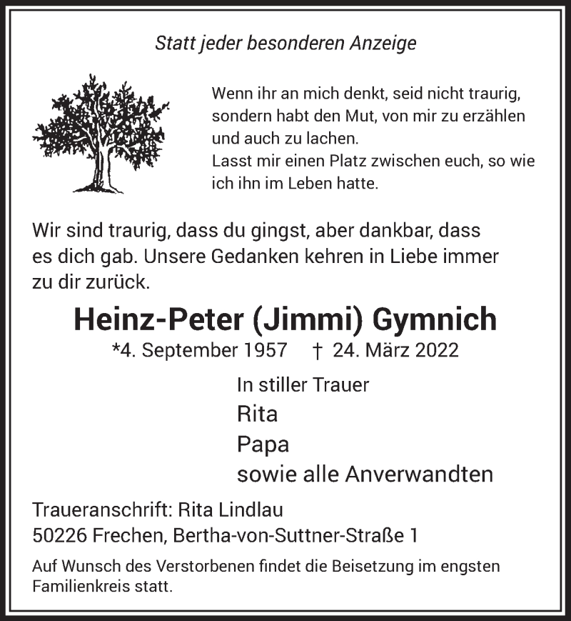  Traueranzeige für Heinz-Peter Gymnich vom 01.04.2022 aus  Wochenende 