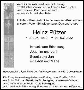 Anzeige von Heinz Pützer von Kölner Stadt-Anzeiger / Kölnische Rundschau / Express