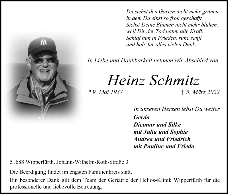  Traueranzeige für Heinz Schmitz vom 12.03.2022 aus Kölner Stadt-Anzeiger / Kölnische Rundschau / Express