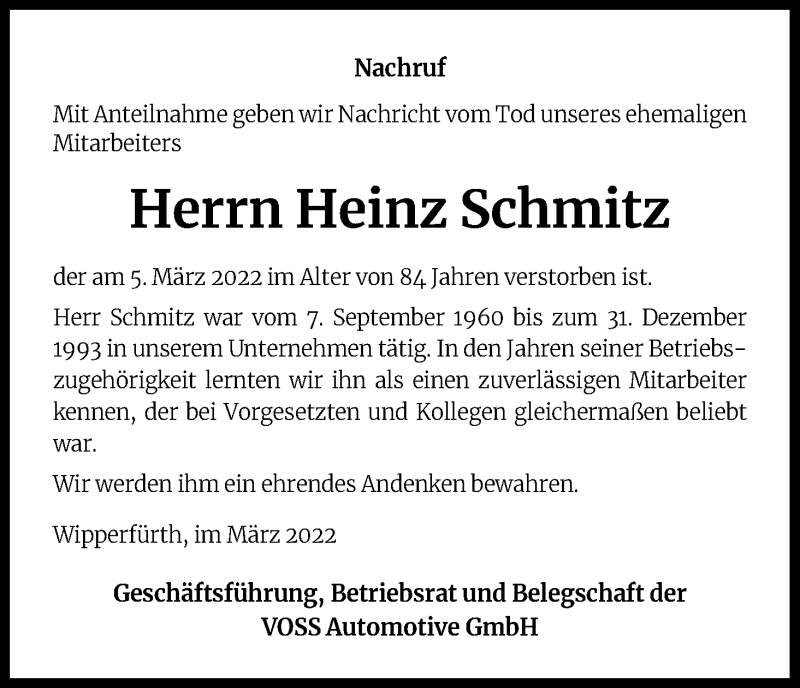  Traueranzeige für Heinz Schmitz vom 19.03.2022 aus Kölner Stadt-Anzeiger / Kölnische Rundschau / Express