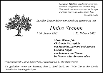 Anzeige von Heinz Stamm von Kölner Stadt-Anzeiger / Kölnische Rundschau / Express