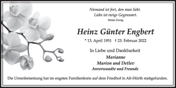 Anzeige von Heinz Günter Engbert von  Wochenende 