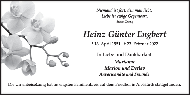  Traueranzeige für Heinz Günter Engbert vom 11.03.2022 aus  Wochenende 