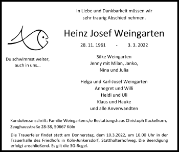 Anzeige von Heinz Josef Weingarten von Kölner Stadt-Anzeiger / Kölnische Rundschau / Express