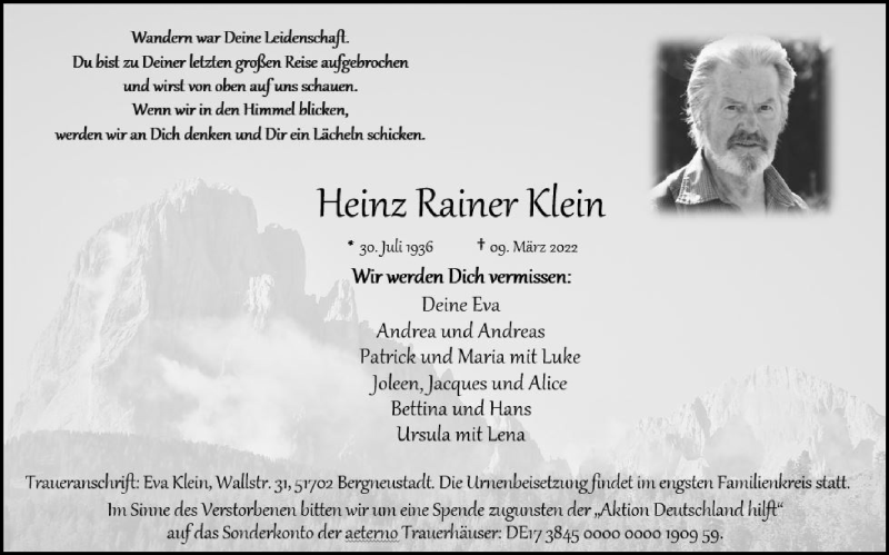  Traueranzeige für Heinz Rainer Klein vom 19.03.2022 aus Kölner Stadt-Anzeiger / Kölnische Rundschau / Express
