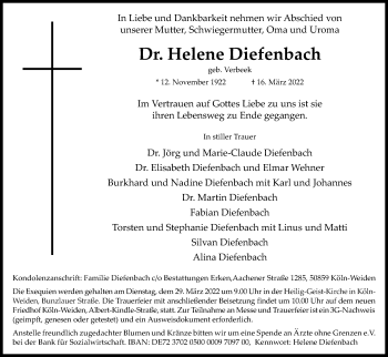 Anzeige von Helene Diefenbach von Kölner Stadt-Anzeiger / Kölnische Rundschau / Express