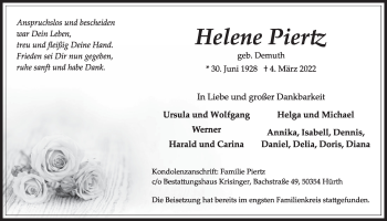 Anzeige von Helene Piertz von  Wochenende 