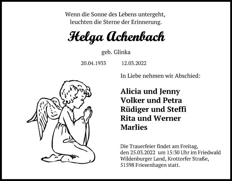  Traueranzeige für Helga Achenbach vom 24.03.2022 aus Kölner Stadt-Anzeiger / Kölnische Rundschau / Express
